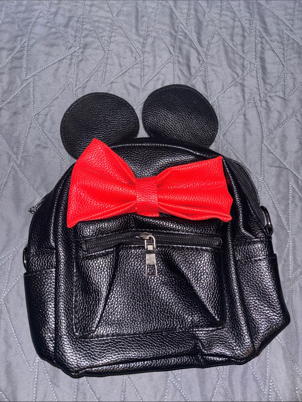 Kids Black Faux Leather Bow Backpack with Red Bow Minnie 9”